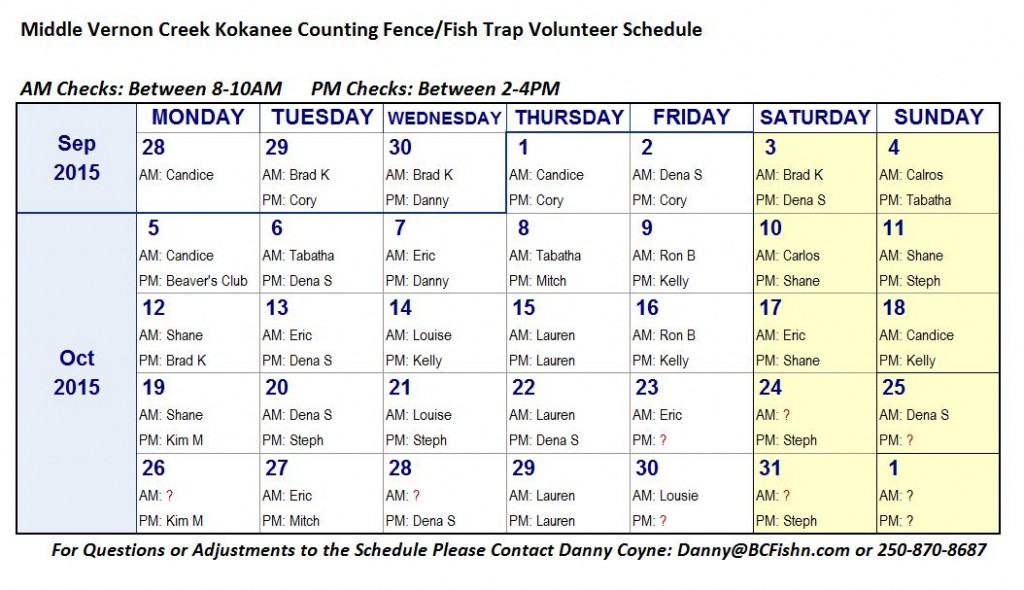 Oct 6 MVC Kokanee Counting Fence Volunteer Schedule